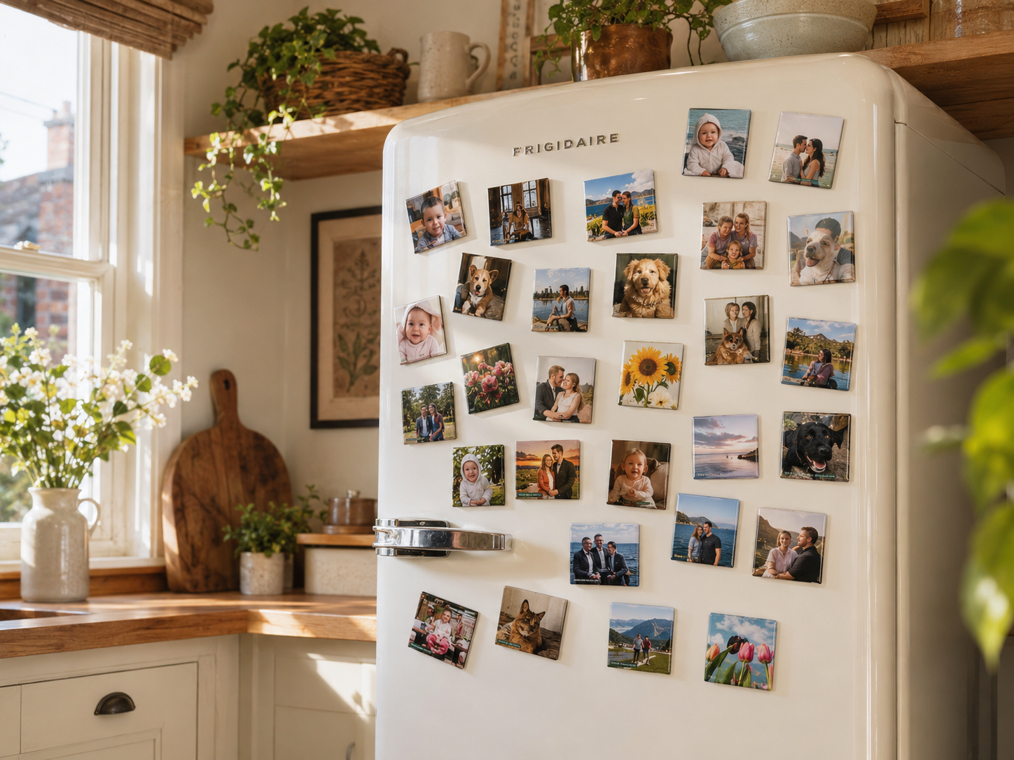 Personalised photo magnets displayed on a family fridge – handcrafted keepsake gift from Dearest Moment UK